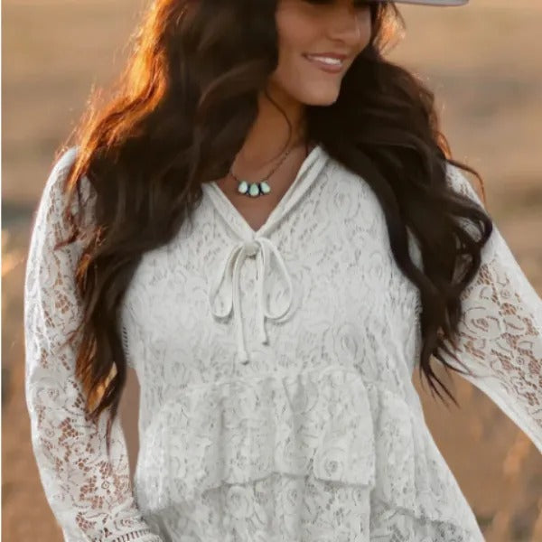 Camicia da donna in pizzo con volant – Collo lavallière maniche lunghe