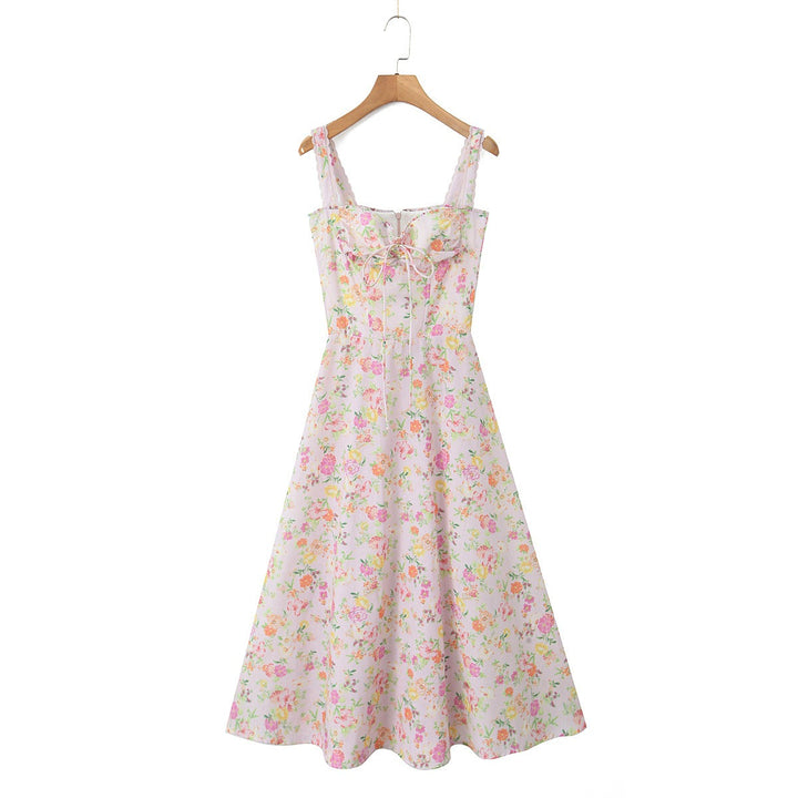 Midikleid für Damen mit Blumenmuster, A-Linie, Baumwolle – Enges Oberteil, leichter, fließender Rock