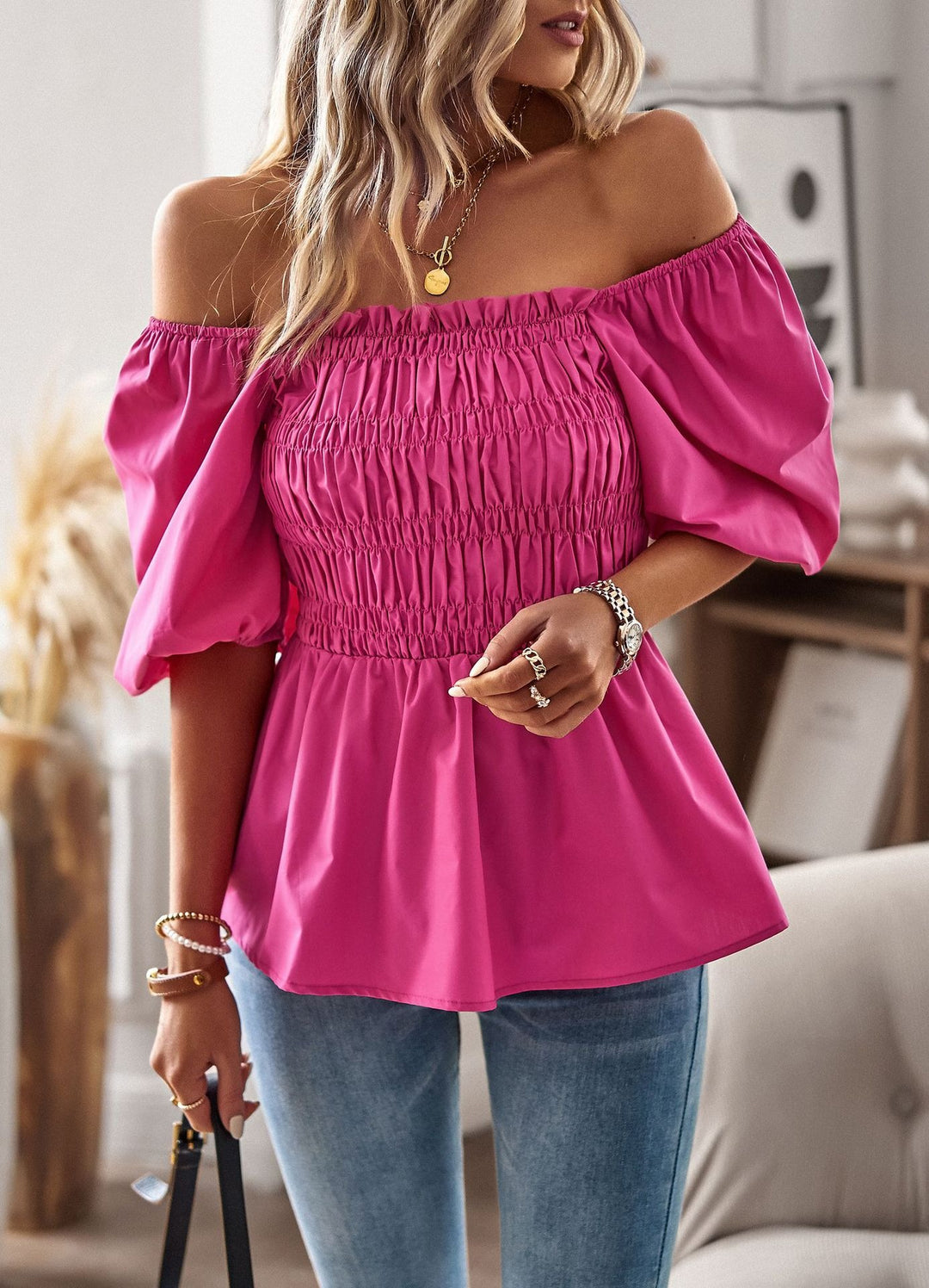 Bluse Damen Schulterfrei mit Peplum – Rüschenärmel, Tailliert