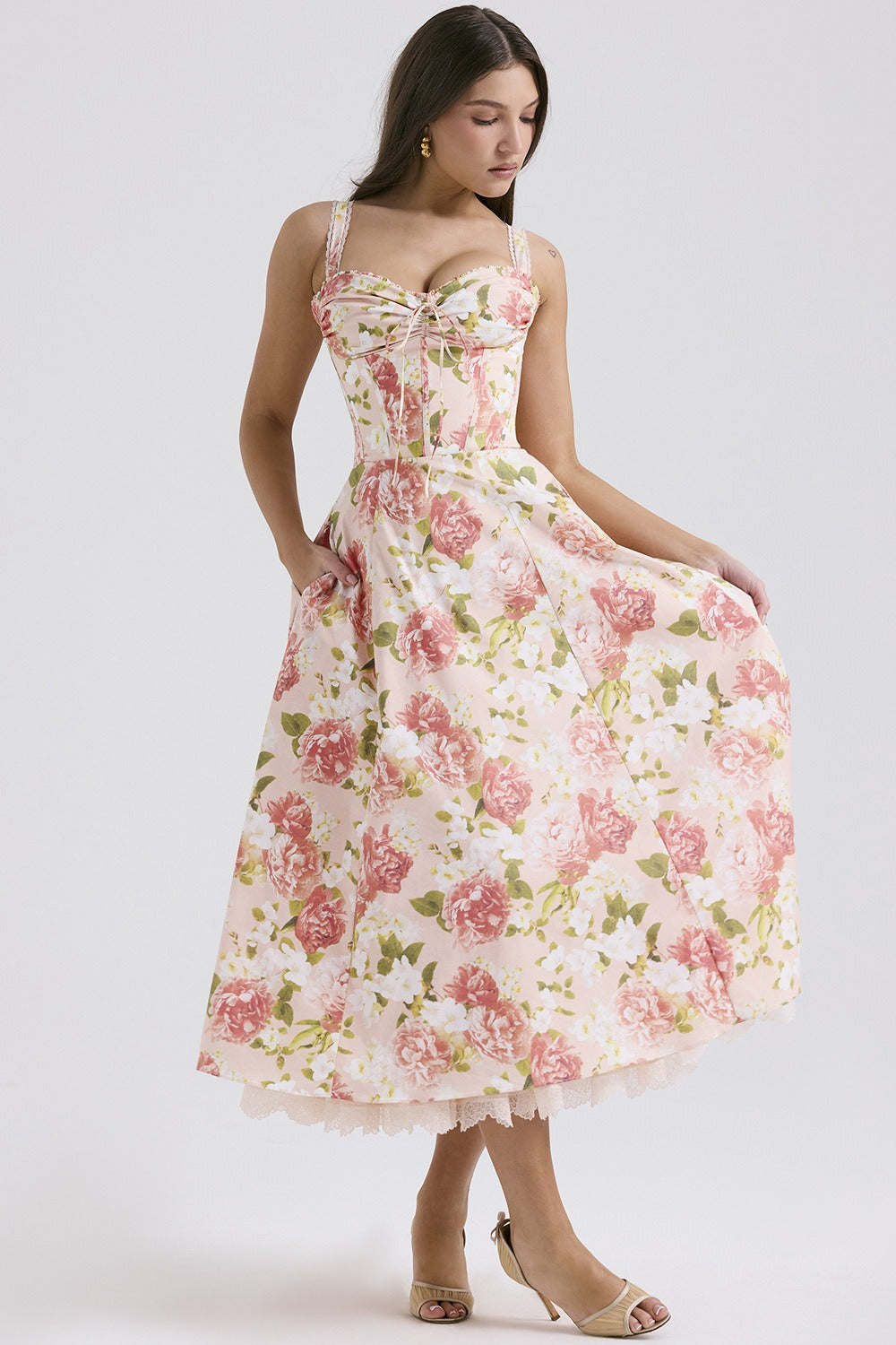 Midikleid für Damen mit Blumenmuster, A-Linie, Baumwolle – Enges Oberteil, leichter, fließender Rock