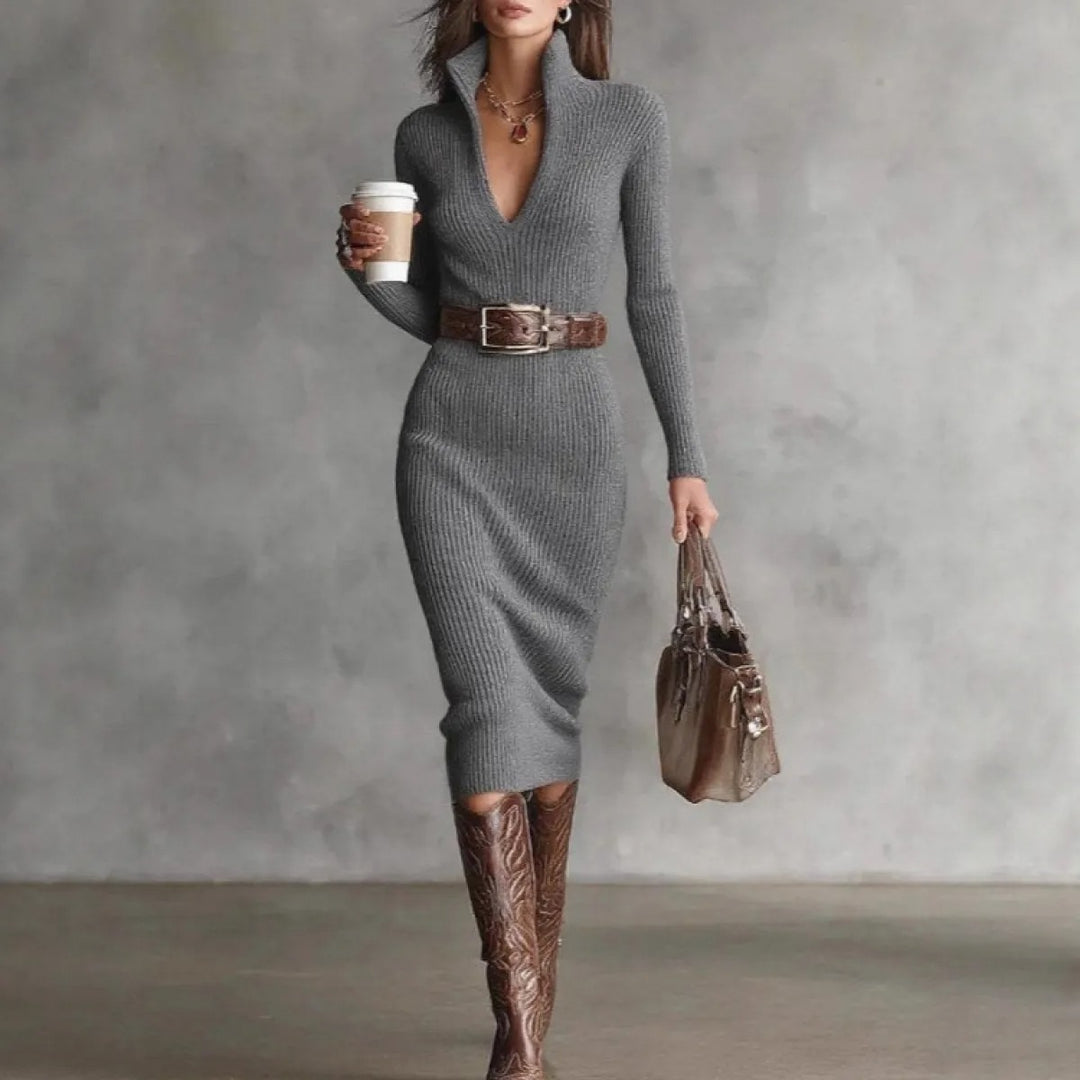 Elegantes, tailliertes Midikleid für Damen aus Strick – Taillierter Schnitt