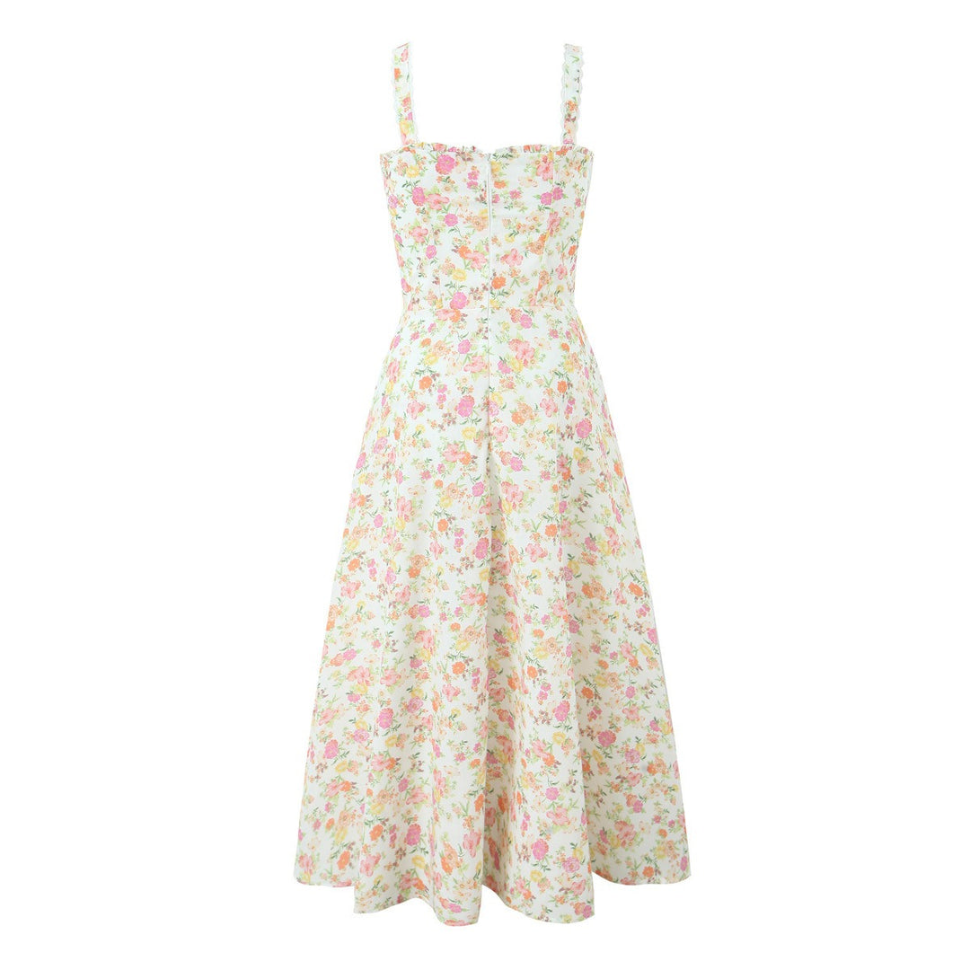 Midikleid für Damen mit Blumenmuster, A-Linie, Baumwolle – Enges Oberteil, leichter, fließender Rock