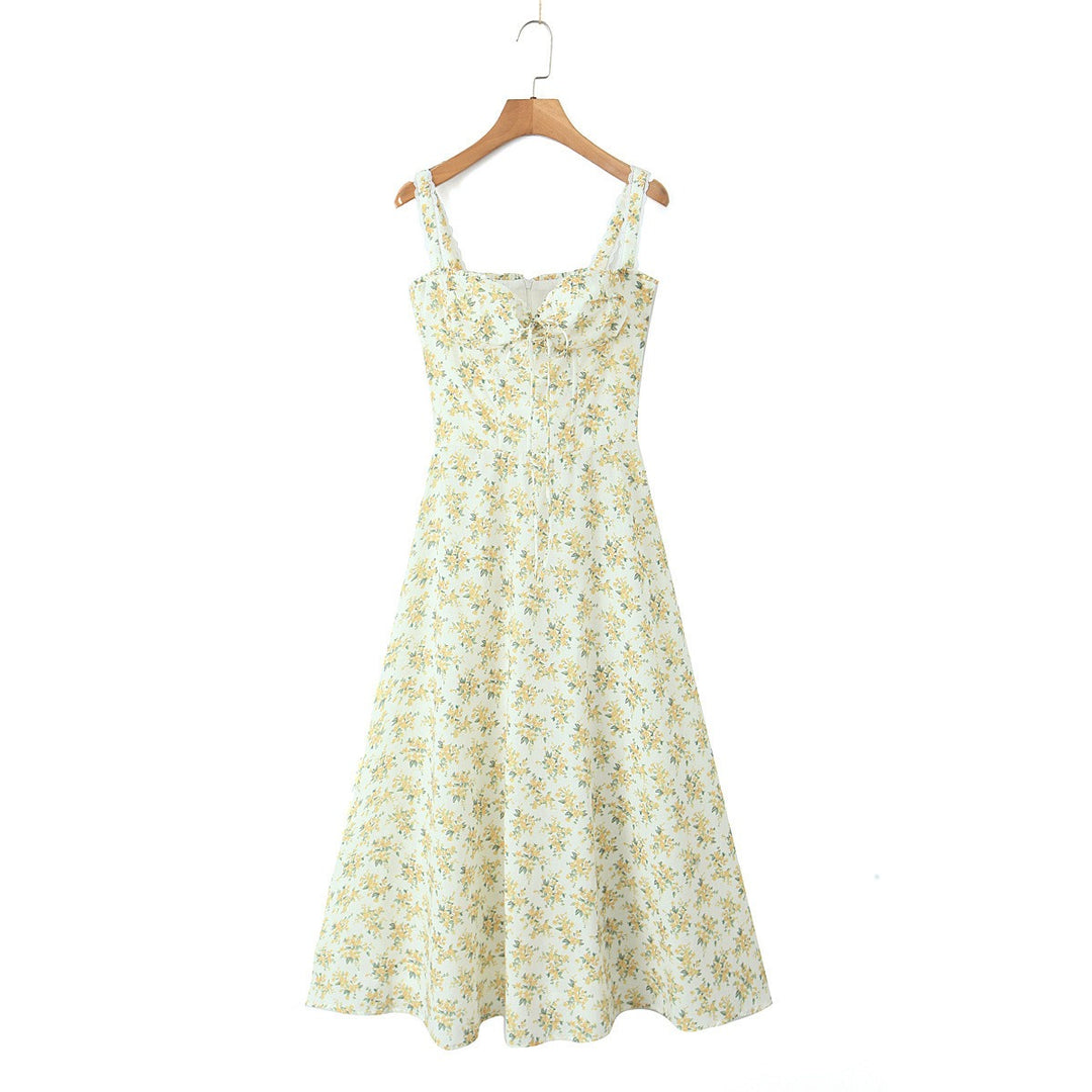 Midikleid für Damen mit Blumenmuster, A-Linie, Baumwolle – Enges Oberteil, leichter, fließender Rock