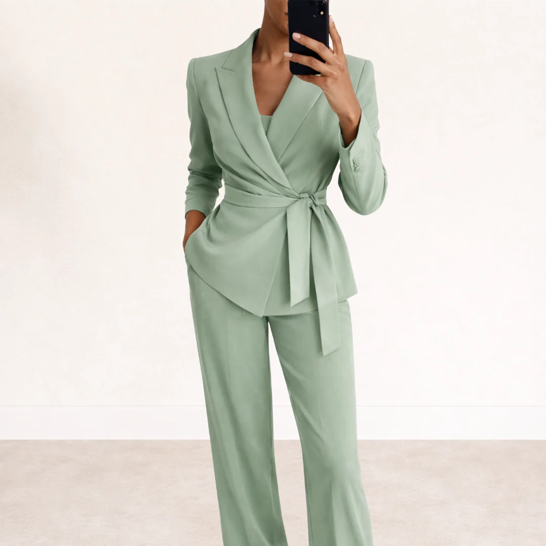 Damen-Zweiteiler – Zweireihiger Blazer &amp; weit geschnittene Hose