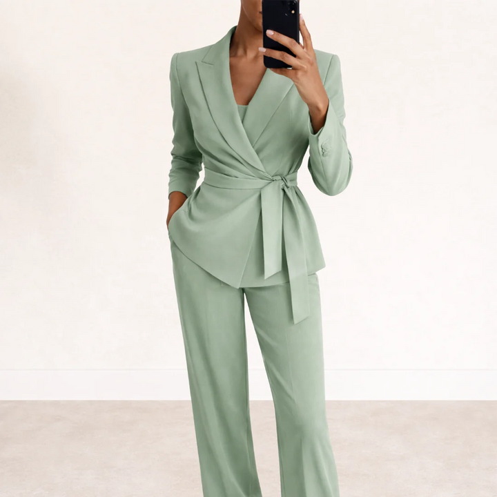 Damen-Zweiteiler – Zweireihiger Blazer &amp; weit geschnittene Hose