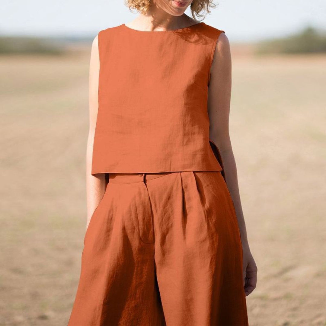 Completo Due Pezzi Donna in Lino e Cotone – Pantalone Largo e Top Senza Maniche