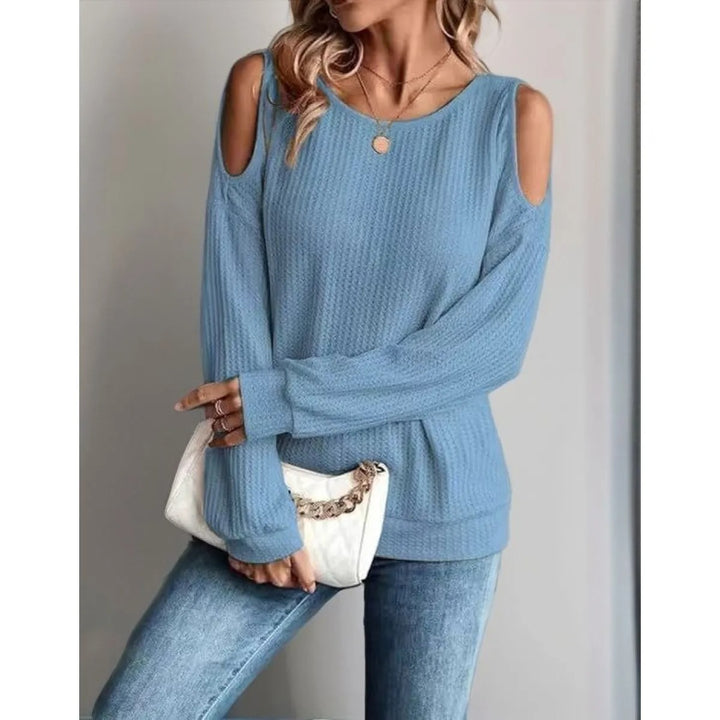 Top Femme Texture Épaules Dénudées – Col Rond, Manches Longues