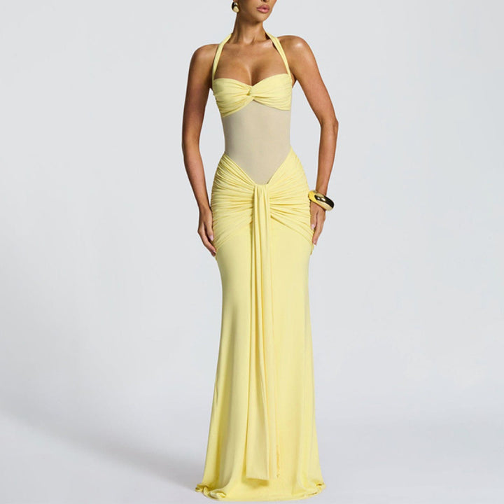 Eng anliegendes langes Kleid mit Raffungen für Damen – Abendkleid mit transparentem Einsatz