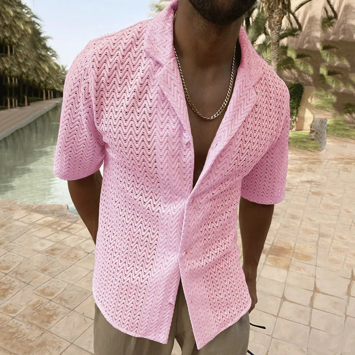 Chemise Homme Col Polo en Dentelle – Manches Courtes Ajourées