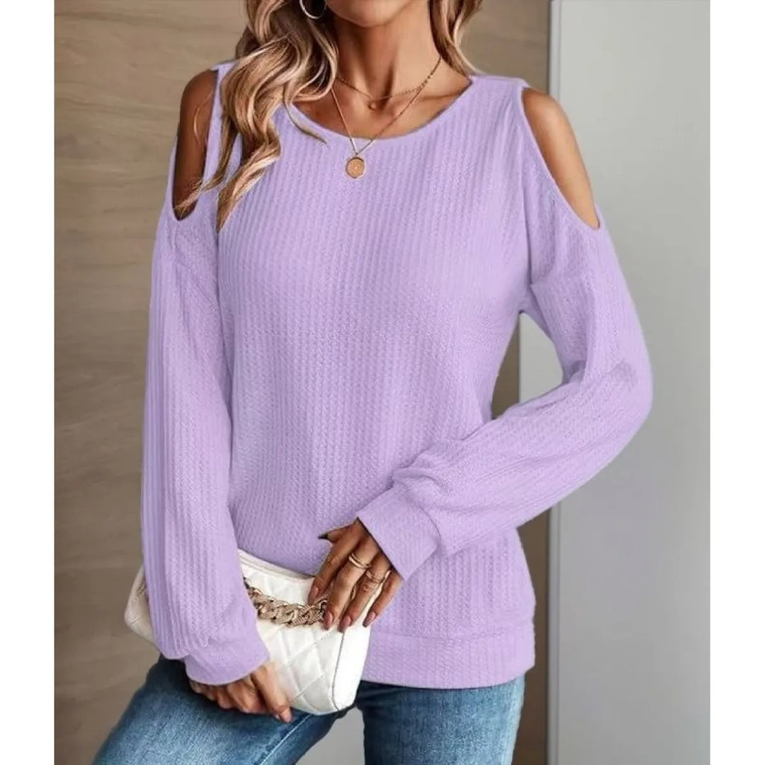 Top Femme Texture Épaules Dénudées – Col Rond, Manches Longues