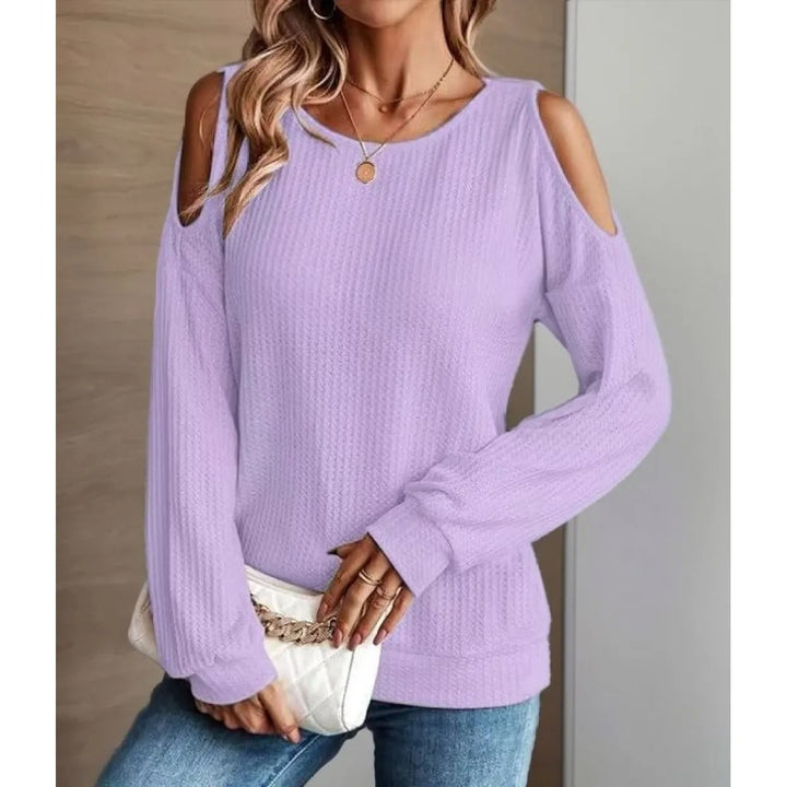 Top Femme Texture Épaules Dénudées – Col Rond, Manches Longues