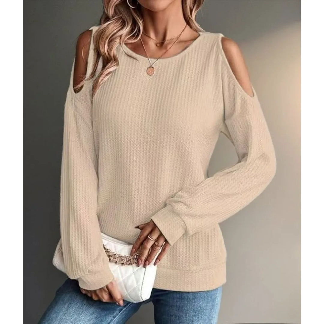 Top Femme Texture Épaules Dénudées – Col Rond, Manches Longues