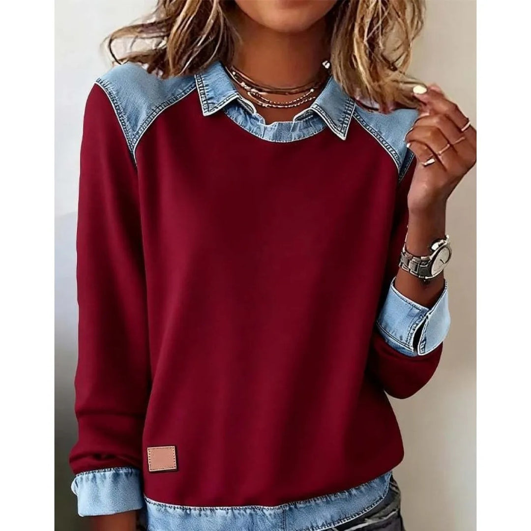 Damenpullover aus Strick – Hemdkragen aus kontrastierendem Denim