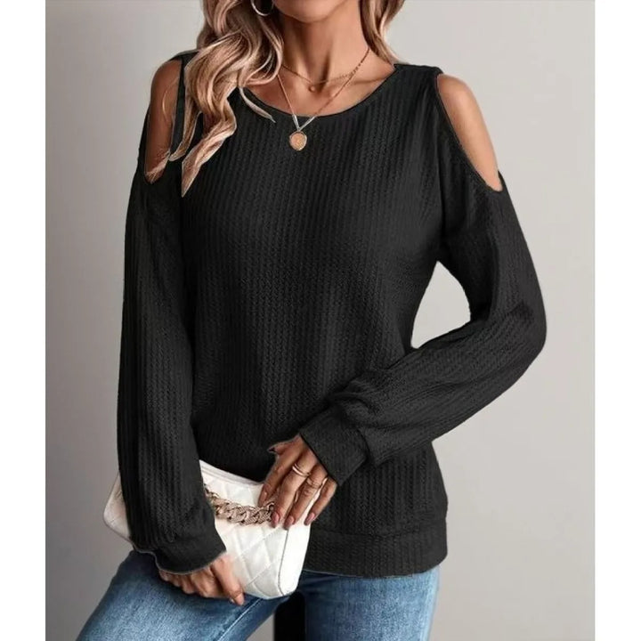 Top Femme Texture Épaules Dénudées – Col Rond, Manches Longues