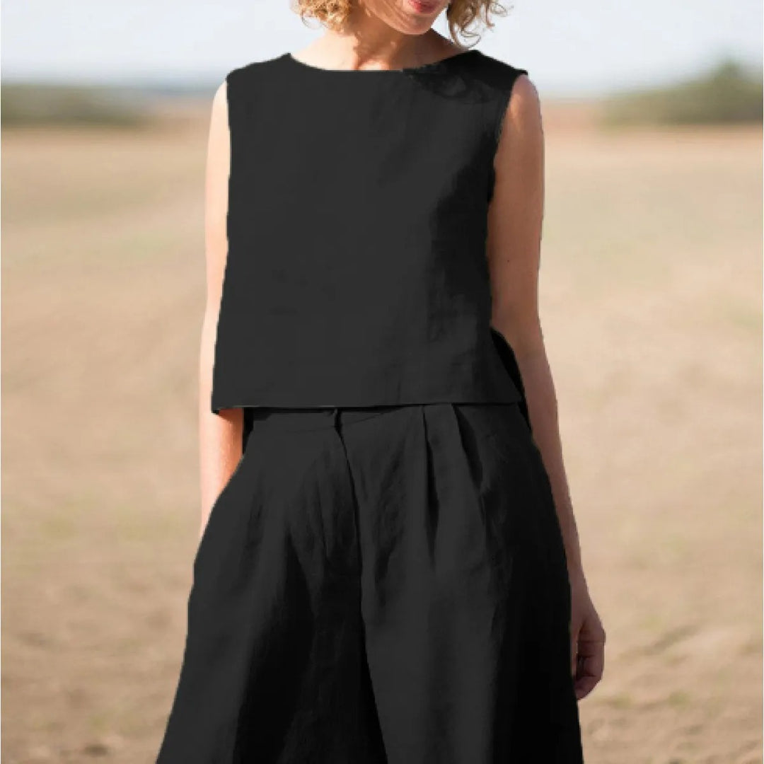 Completo Due Pezzi Donna in Lino e Cotone – Pantalone Largo e Top Senza Maniche