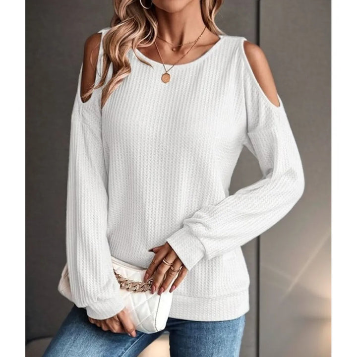 Top Femme Texture Épaules Dénudées – Col Rond, Manches Longues