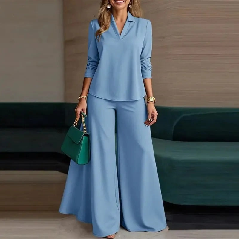 Completo Due Pezzi Donna – Scollo a V, Maniche Lunghe e Pantaloni Larghi Minimalista