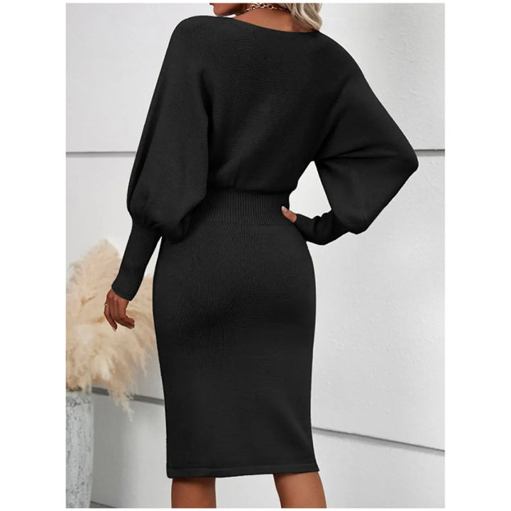 Schmal geschnittenes Strickkleid für Damen, Midi-Länge – Rundhalsausschnitt, lange Ärmel