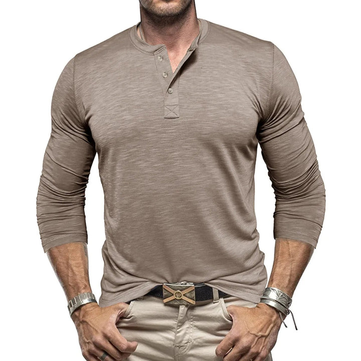 Men's Henley Collar Shirt – Lightweight Breathable Fabric Long Sleeve