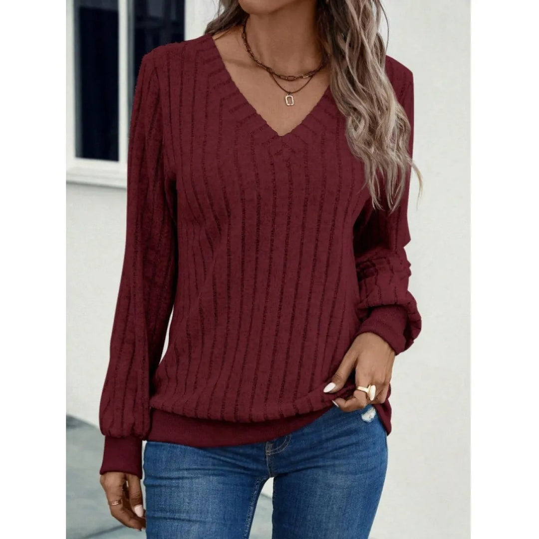 Damen-Oberteil mit V-Ausschnitt und Bürsteneffekt – lange Ärmel im Pullover-Stil