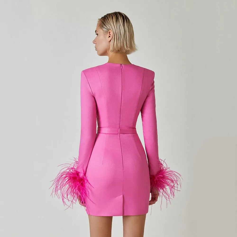 Robe Bodycon Femme Mini – Col Carré et Manchettes en Plumes Fantaisie