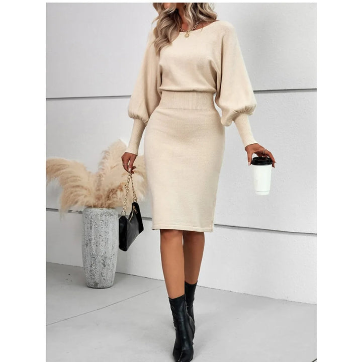 Schmal geschnittenes Strickkleid für Damen, Midi-Länge – Rundhalsausschnitt, lange Ärmel