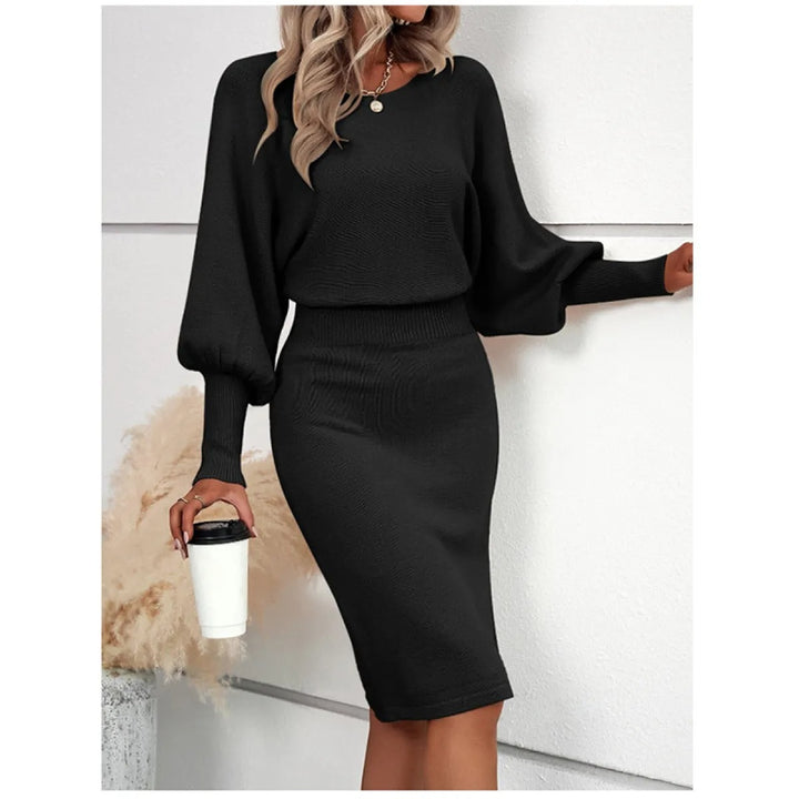 Schmal geschnittenes Strickkleid für Damen, Midi-Länge – Rundhalsausschnitt, lange Ärmel