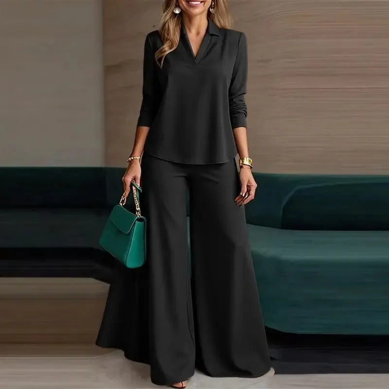 Completo Due Pezzi Donna – Scollo a V, Maniche Lunghe e Pantaloni Larghi Minimalista
