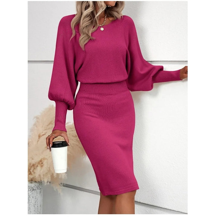 Schmal geschnittenes Strickkleid für Damen, Midi-Länge – Rundhalsausschnitt, lange Ärmel