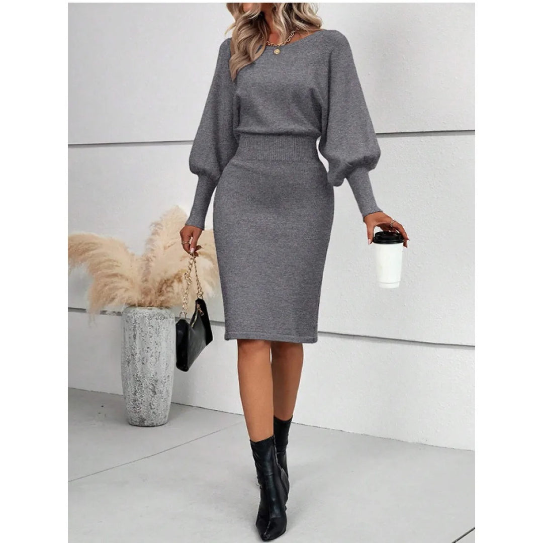 Schmal geschnittenes Strickkleid für Damen, Midi-Länge – Rundhalsausschnitt, lange Ärmel