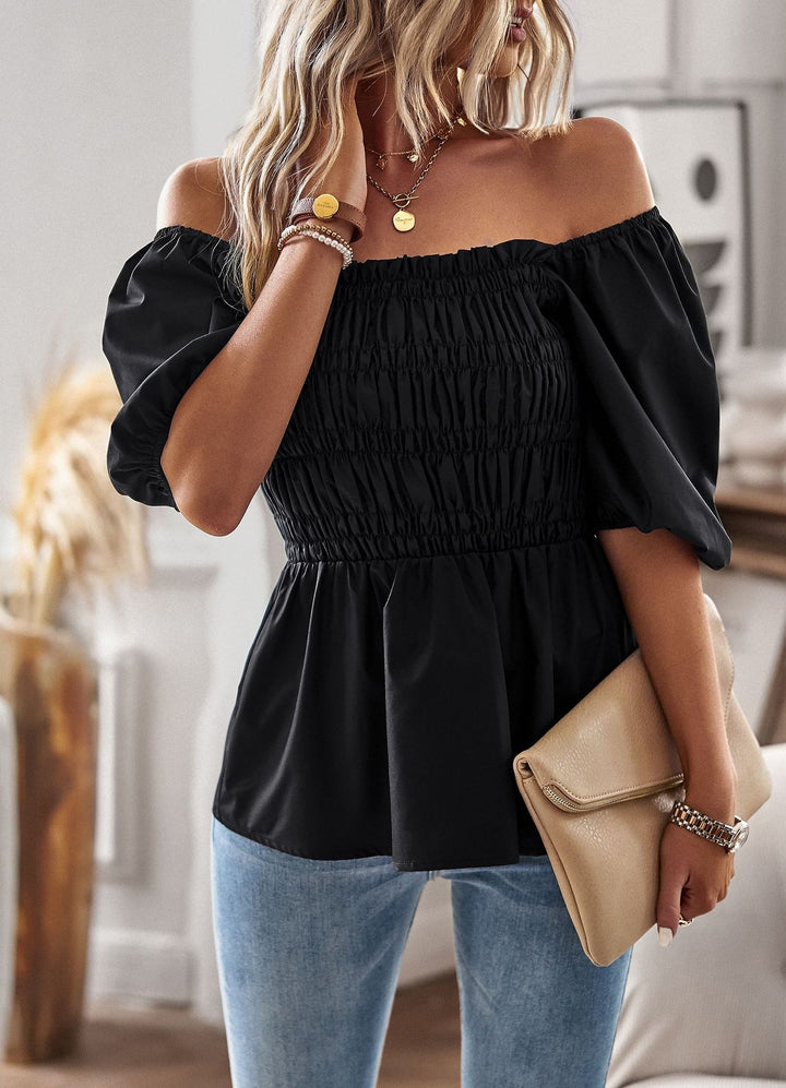 Bluse Damen Schulterfrei mit Peplum – Rüschenärmel, Tailliert