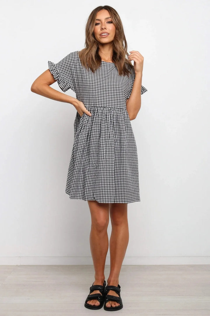 Vestito Mini Donna in Cotone – Maniche Corte con Volant a Quadretti