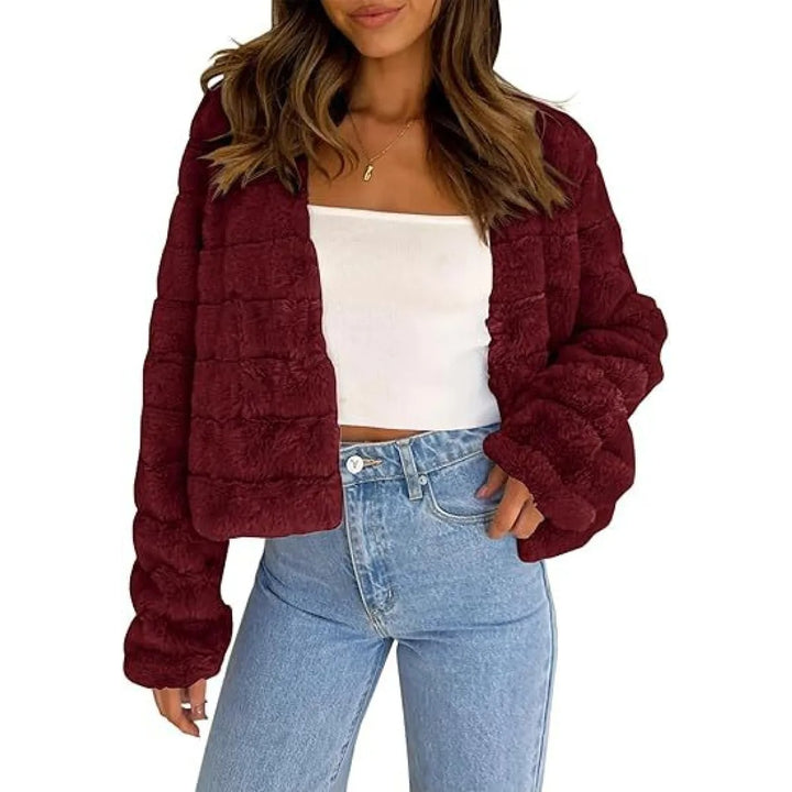 Veste Femme Croppée Effet Chenille – Tissu Doux Extensible, Ouverture Libre