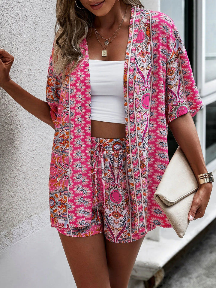 Ensemble Deux Pièces Femme Fleuri – Kimono Manches Courtes &amp; Short à Cordon