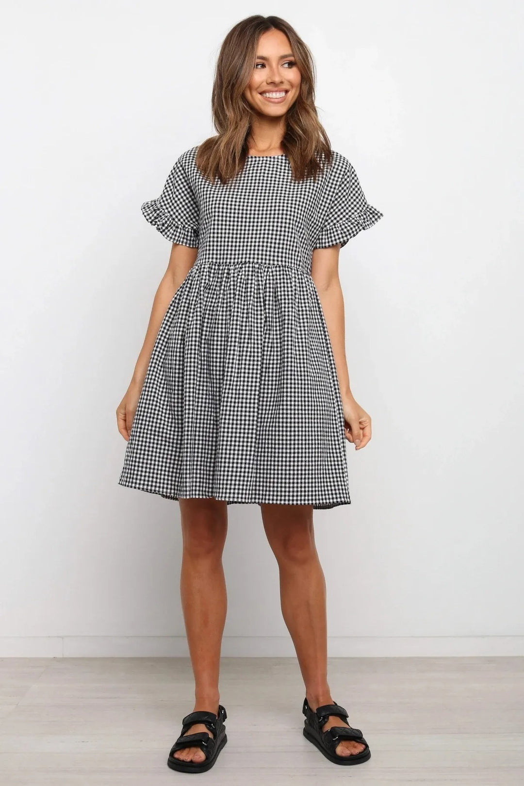 Vestito Mini Donna in Cotone – Maniche Corte con Volant a Quadretti