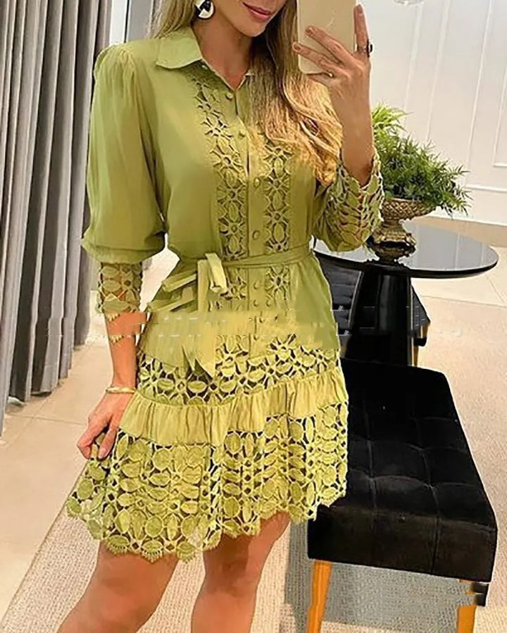 Robe Courte Femme Tissu Tissé Doux Détails en Dentelle – Coupe Féminine