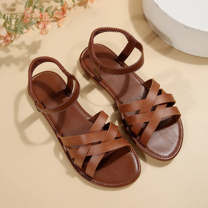 Sandales Plates Femme – Bout Rond, Multi-Brides et Bride Élastique Arrière
