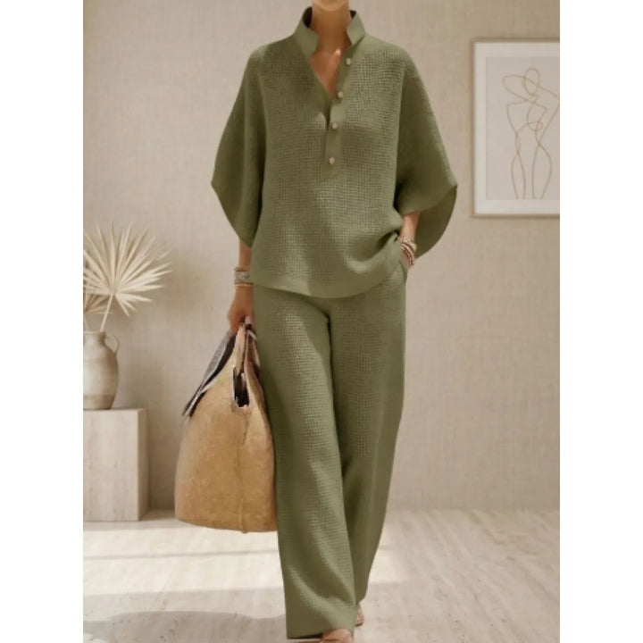 Damen Koordiniertes Ensemble aus Leinen – Oversize Passform, V-Ausschnitt und Gerade Hose