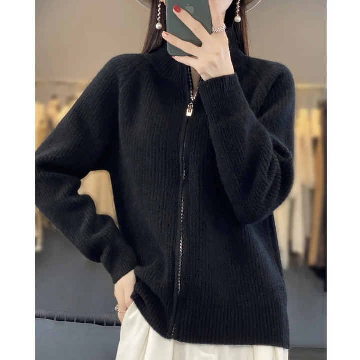 Cardigan Femme en Laine – Col Montant Zippé Maille