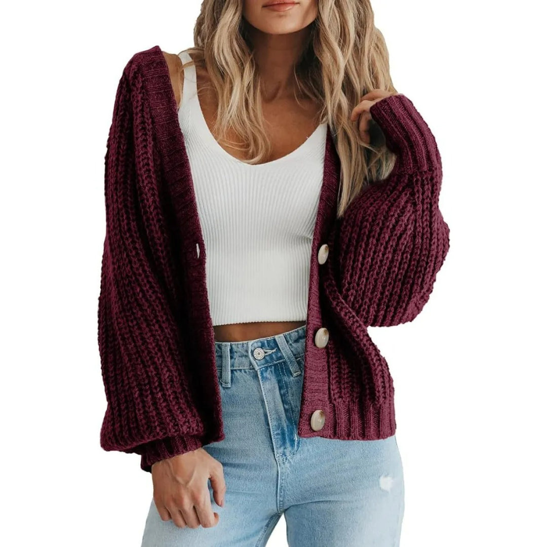 Cardigan Femme Maille Épaisse – Coupe Oversize, Manches Ballon
