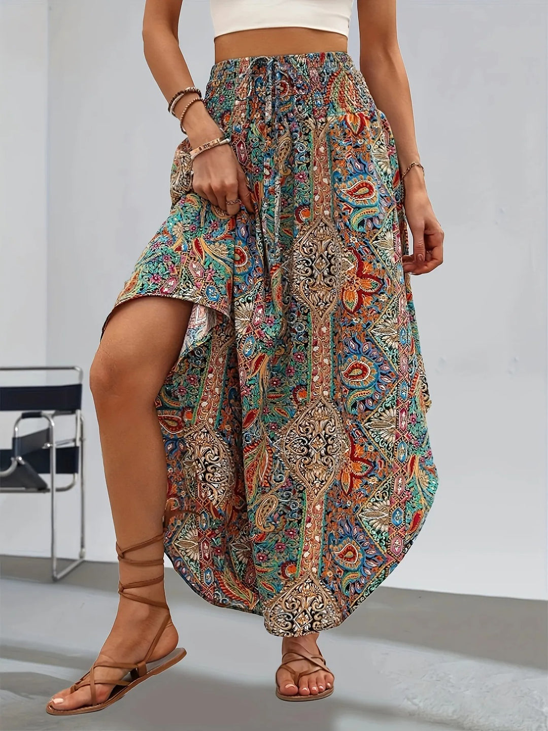 Langer Damenrock im Boho-Stil mit Print – Hohe Taille, fließend