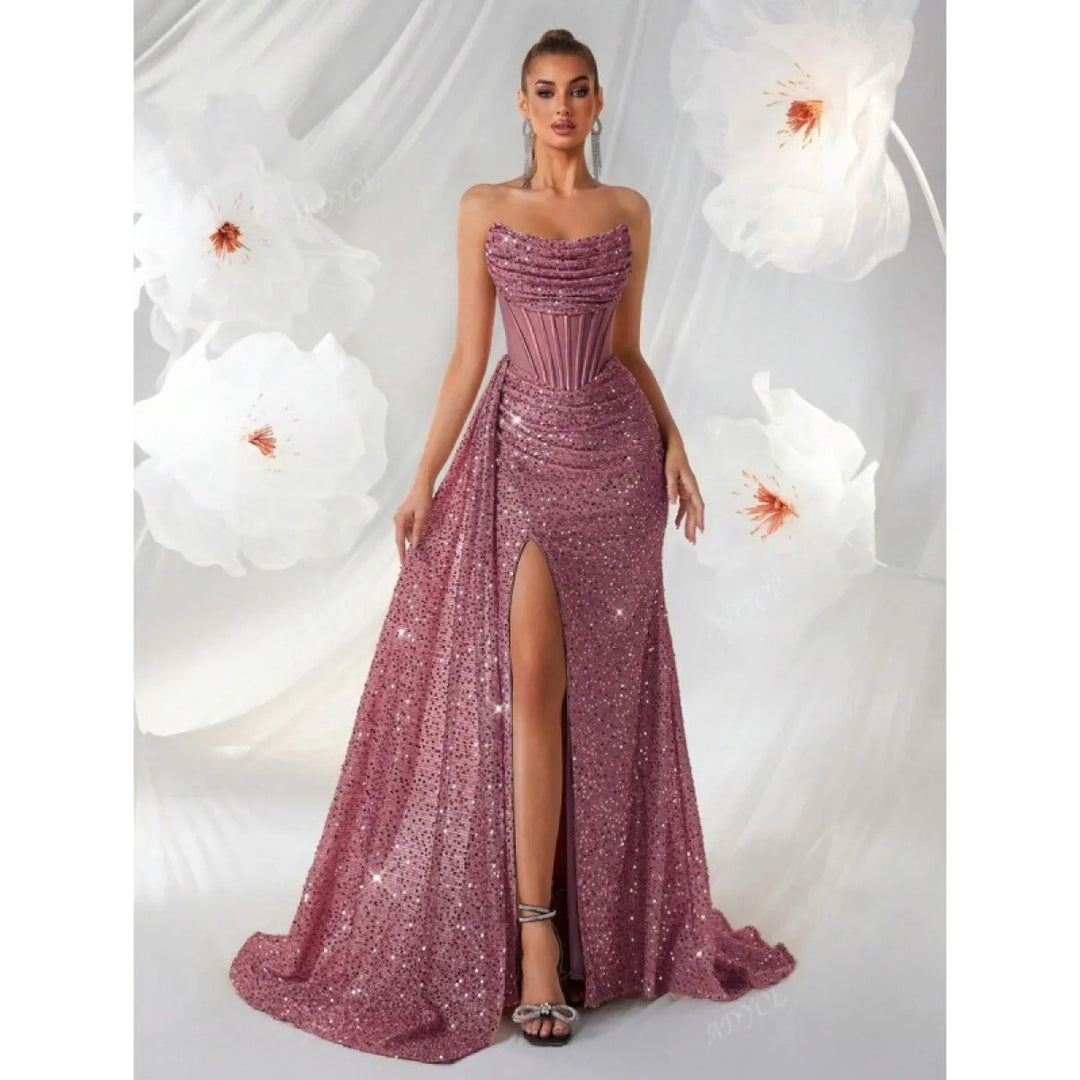 Abito da sera lungo da donna – Corsetto strutturato semi-trasparente e gonna svasata
