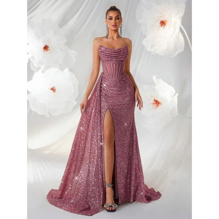 Abito da sera lungo da donna – Corsetto strutturato semi-trasparente e gonna svasata