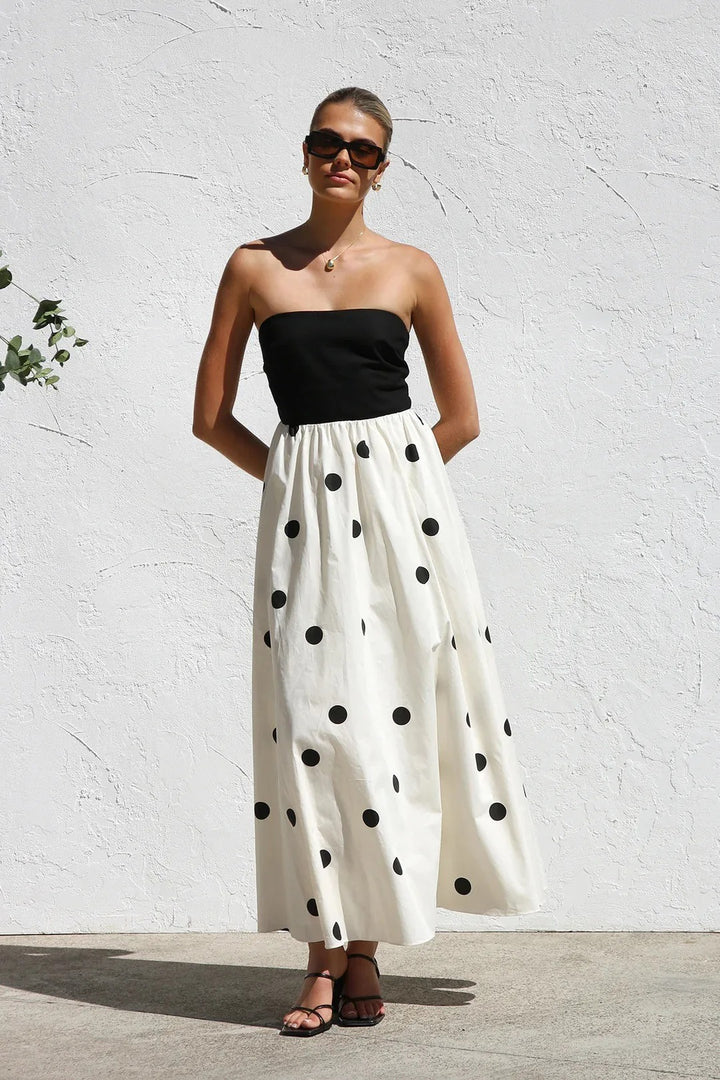 Robe Longue Femme Tube à Pois – Silhouette Gainante Effet Patchwork