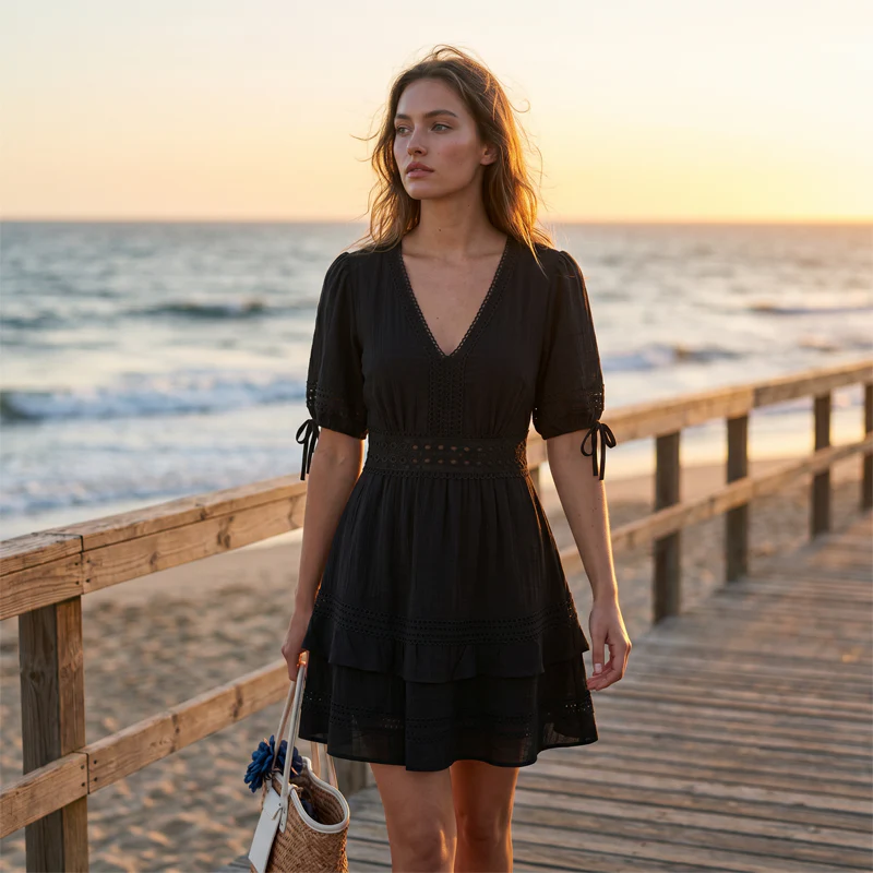 Vestito corto da donna in cotone – Gonna a balze e pizzo