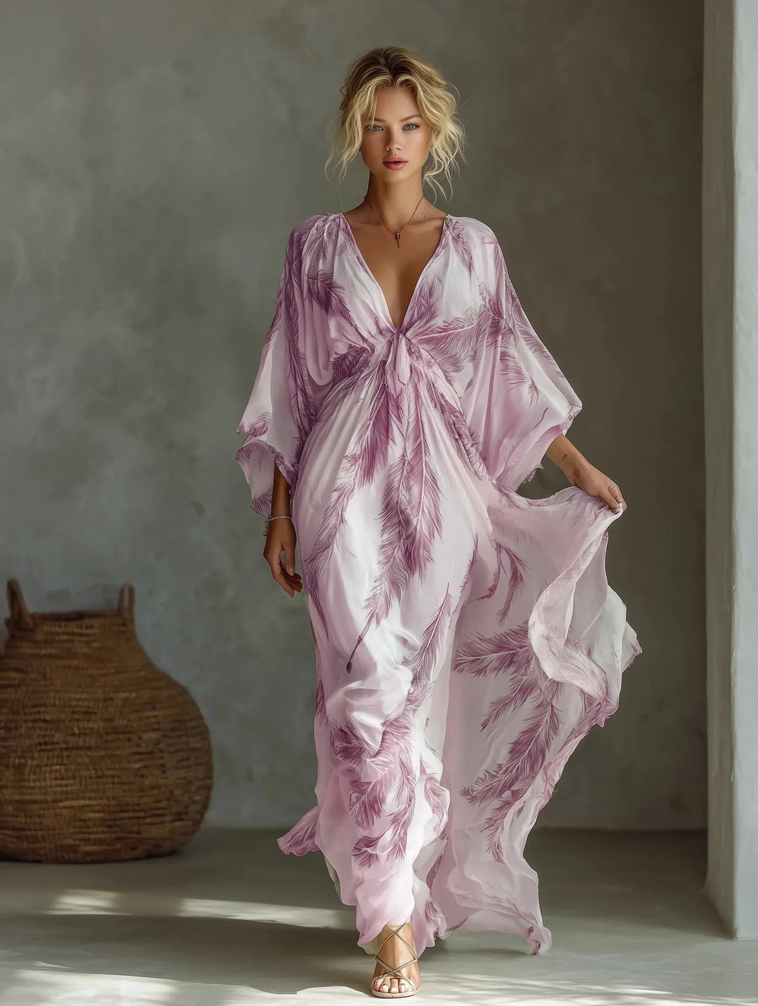 Langes Maxikleid für Damen mit V-Ausschnitt und Fledermausärmeln – lässige High-Waist-Passform