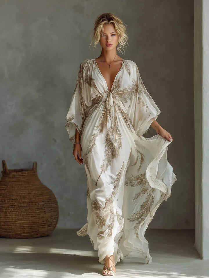 Langes Maxikleid für Damen mit V-Ausschnitt und Fledermausärmeln – lässige High-Waist-Passform