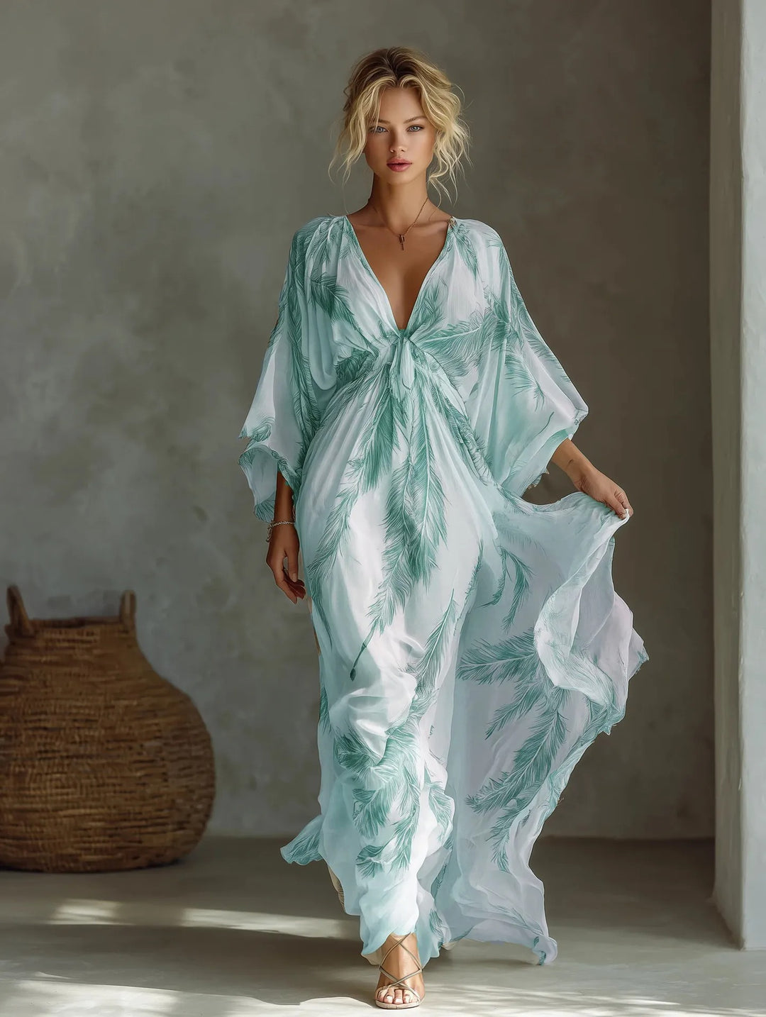 Langes Maxikleid für Damen mit V-Ausschnitt und Fledermausärmeln – lässige High-Waist-Passform