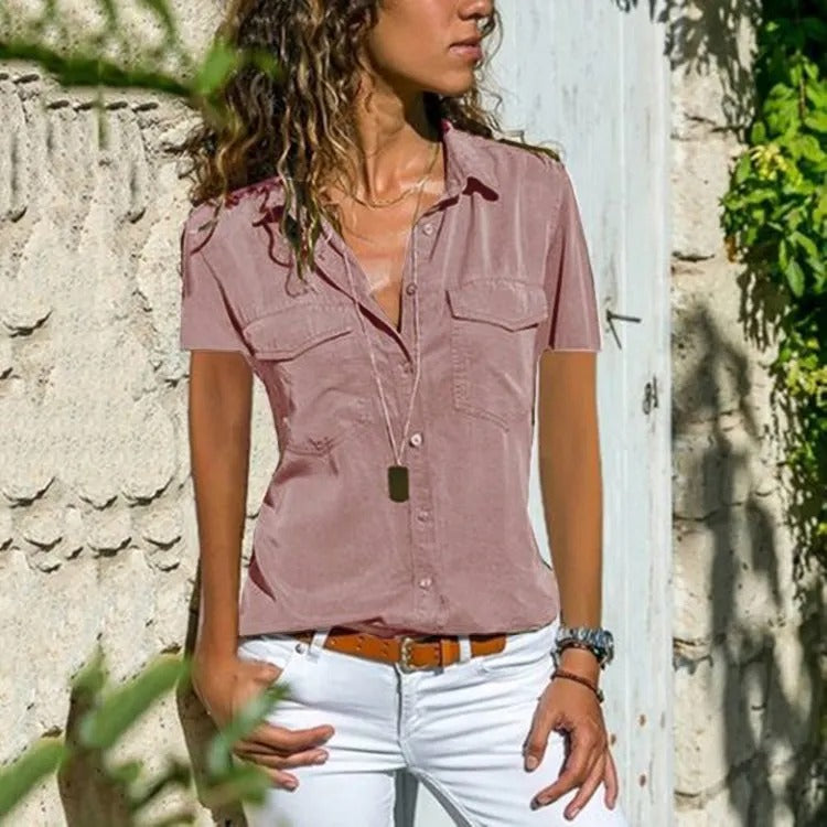 Camicia donna casual con bottoni – collo con risvolto maniche corte