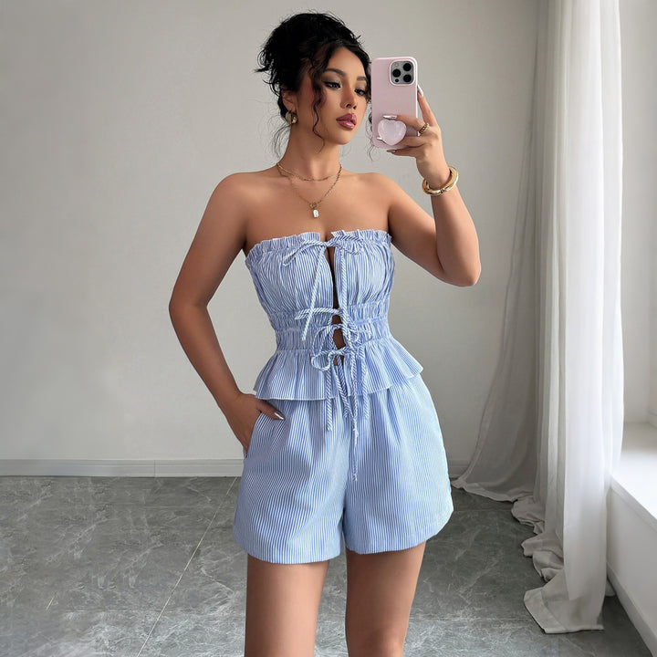 Completo donna due pezzi con short – senza maniche, lacci in vita alta